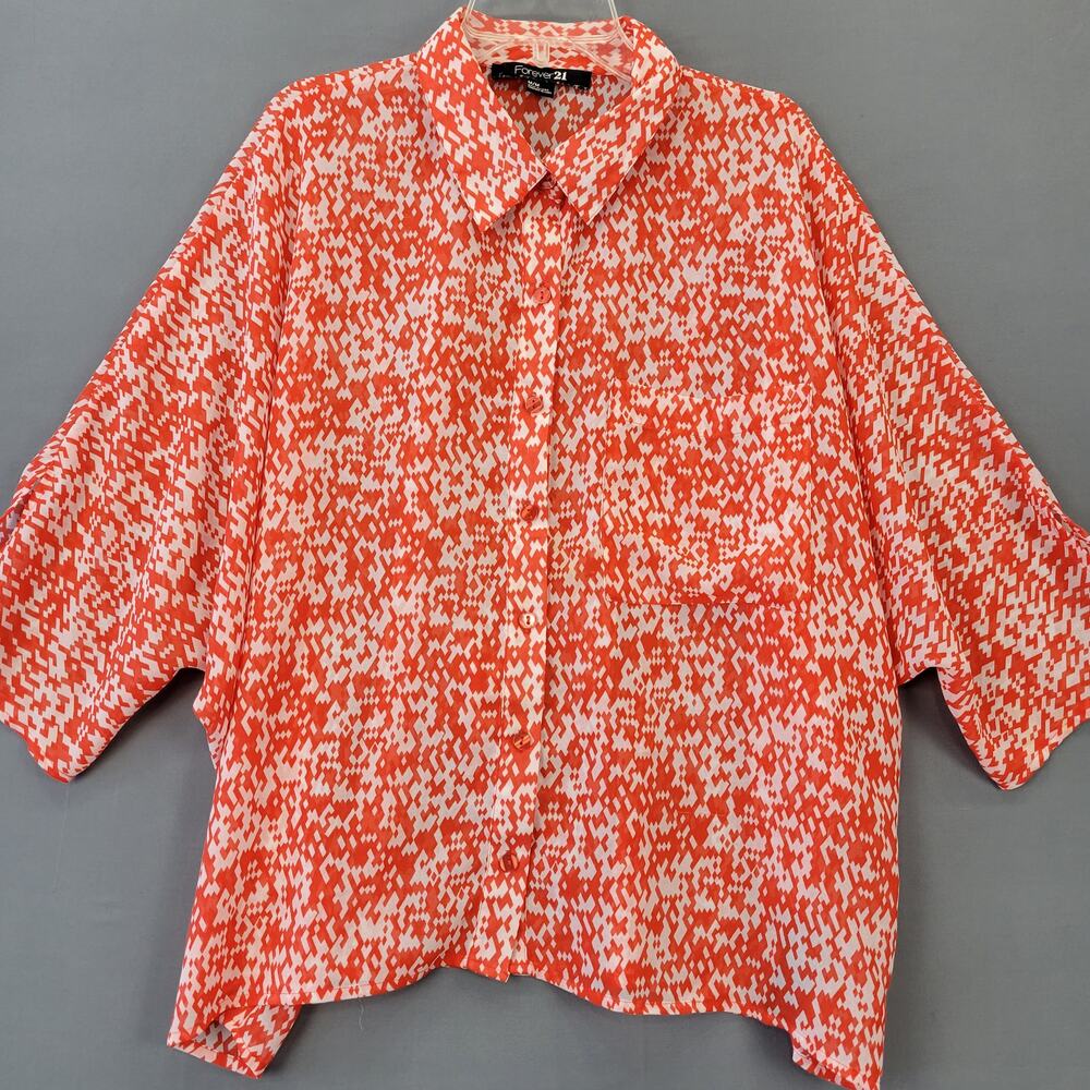 Forever 21 Orange Geometric Print Shirt Blouse 3/4 Sleeves Button Up Top Women M